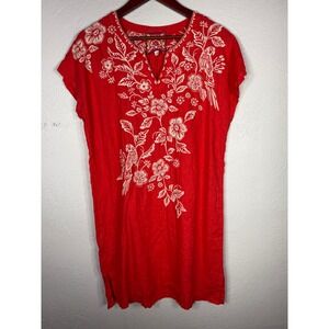 Johnny Was Red Linen Embroidered Floral Bird Shift Dress J34622-3 Womens Small